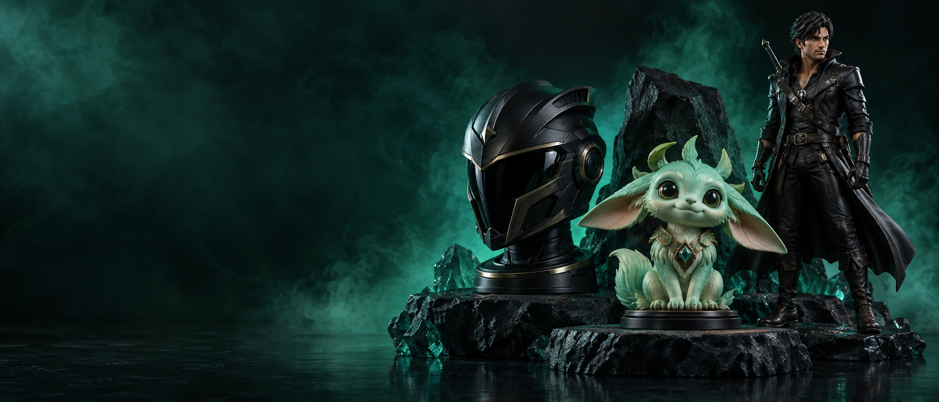 Original Wishly collector figures displayed in atmospheric emerald light