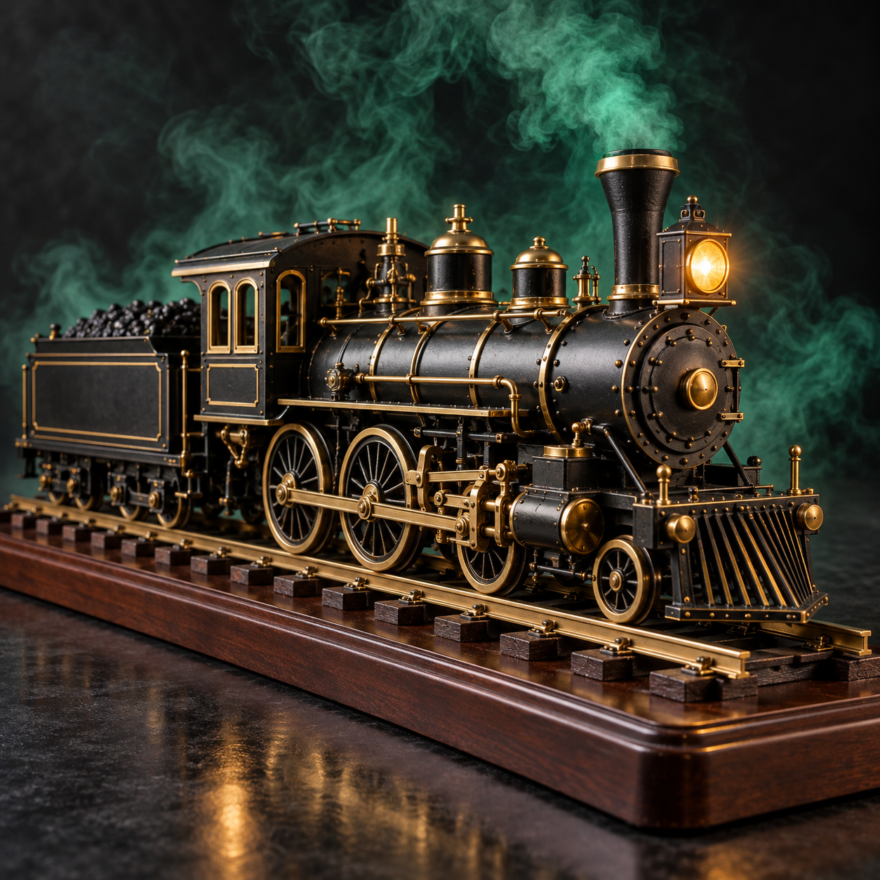 Detailed black and brass miniature steam locomotive collector model